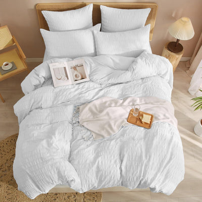 Luofanfei Seersucker Bettwäsche 135x200 Weiss Sommer Uni Weiss Wende Bettwäsche Set Microfaser Atmun