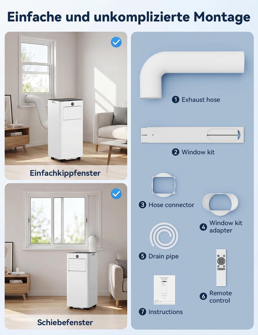 JUMMICO Mobile Klimaanlage 6000 BTU mit Abluftschlauch & Fensterkit, Medium