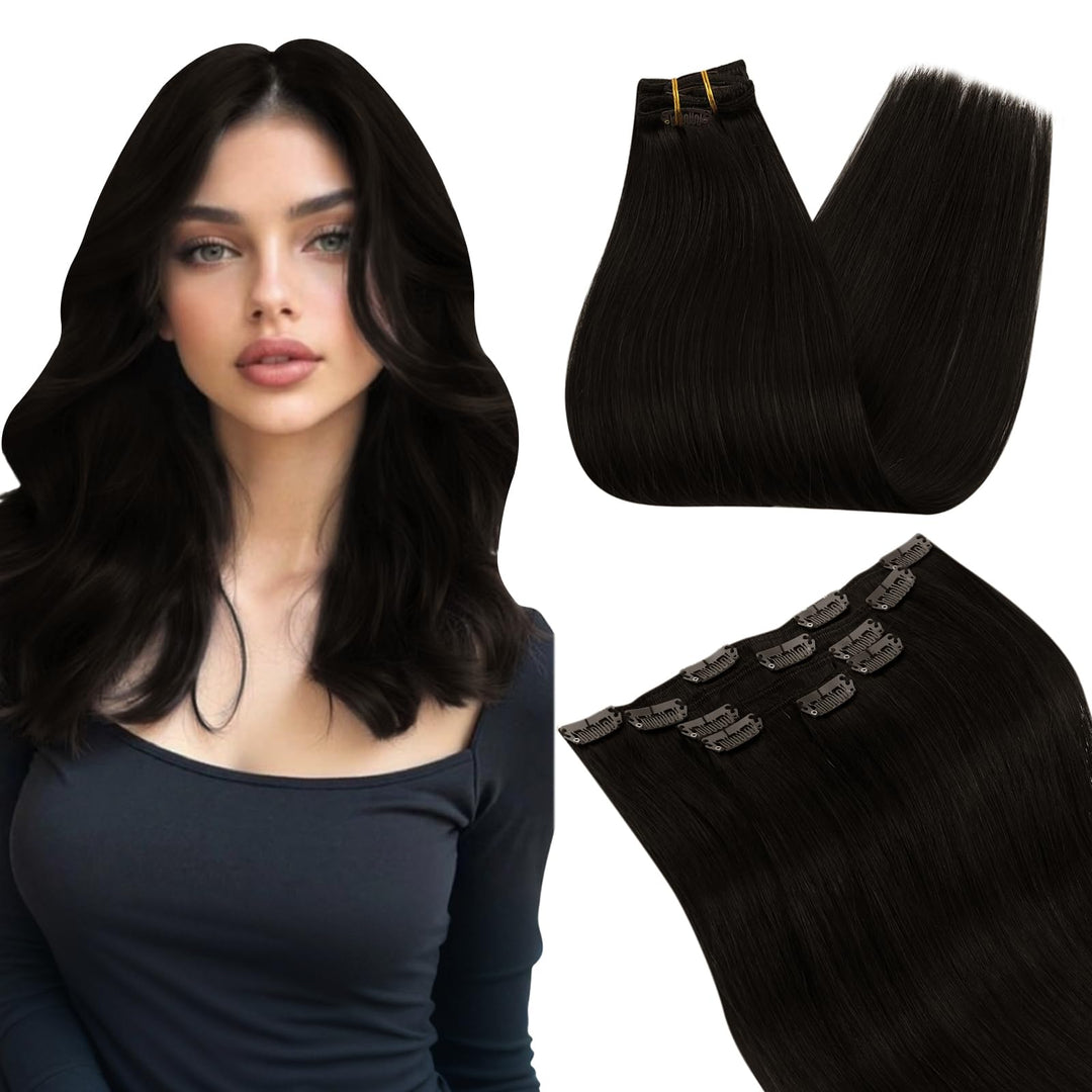 Ugeat Clip in Extensions Echthaar Dunkelbraun Haarverlängerung Echthaar Extensions Haare Natürlich E