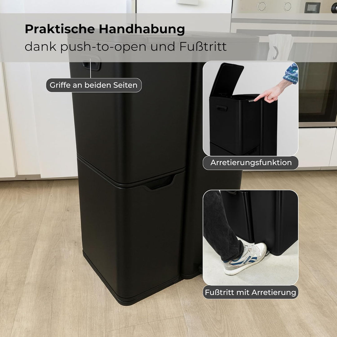 osoltus Mülleimer Abfallsammler Softclose Edelstahl hoch (60 L (30 + 17 + 13 L) schwarz) 60 L (30 +