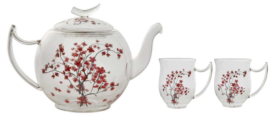 Dekomiro TeaLogic Teeservice Glas Tekanne mit 2 Teegläsern 0,35 l aus der Serie Cherry Blossom mit G