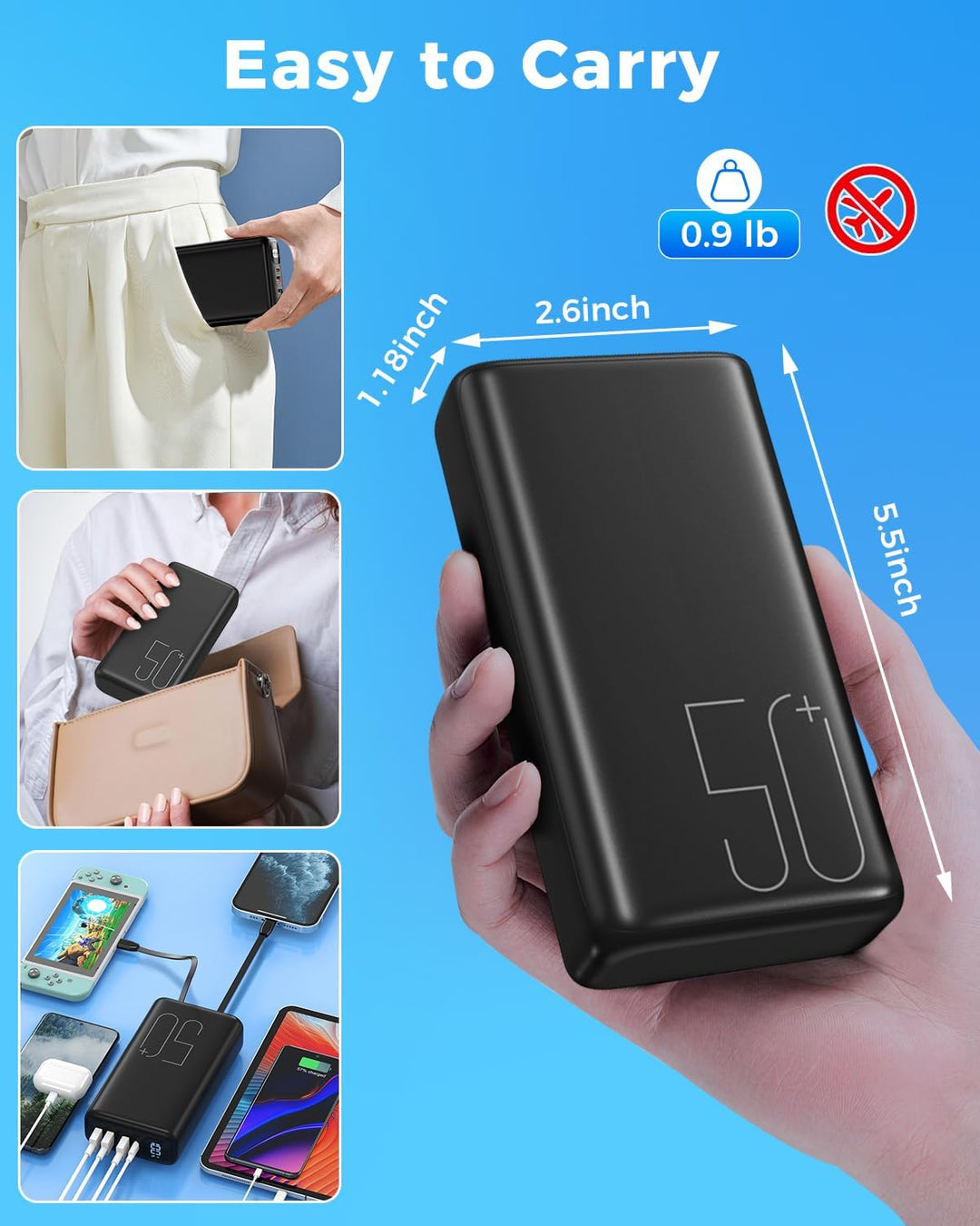 Powerbank 51000mAh, 22,5W Schnellladung Externer Akku integriertem Kabel Schwarz-01, Schwarz-01