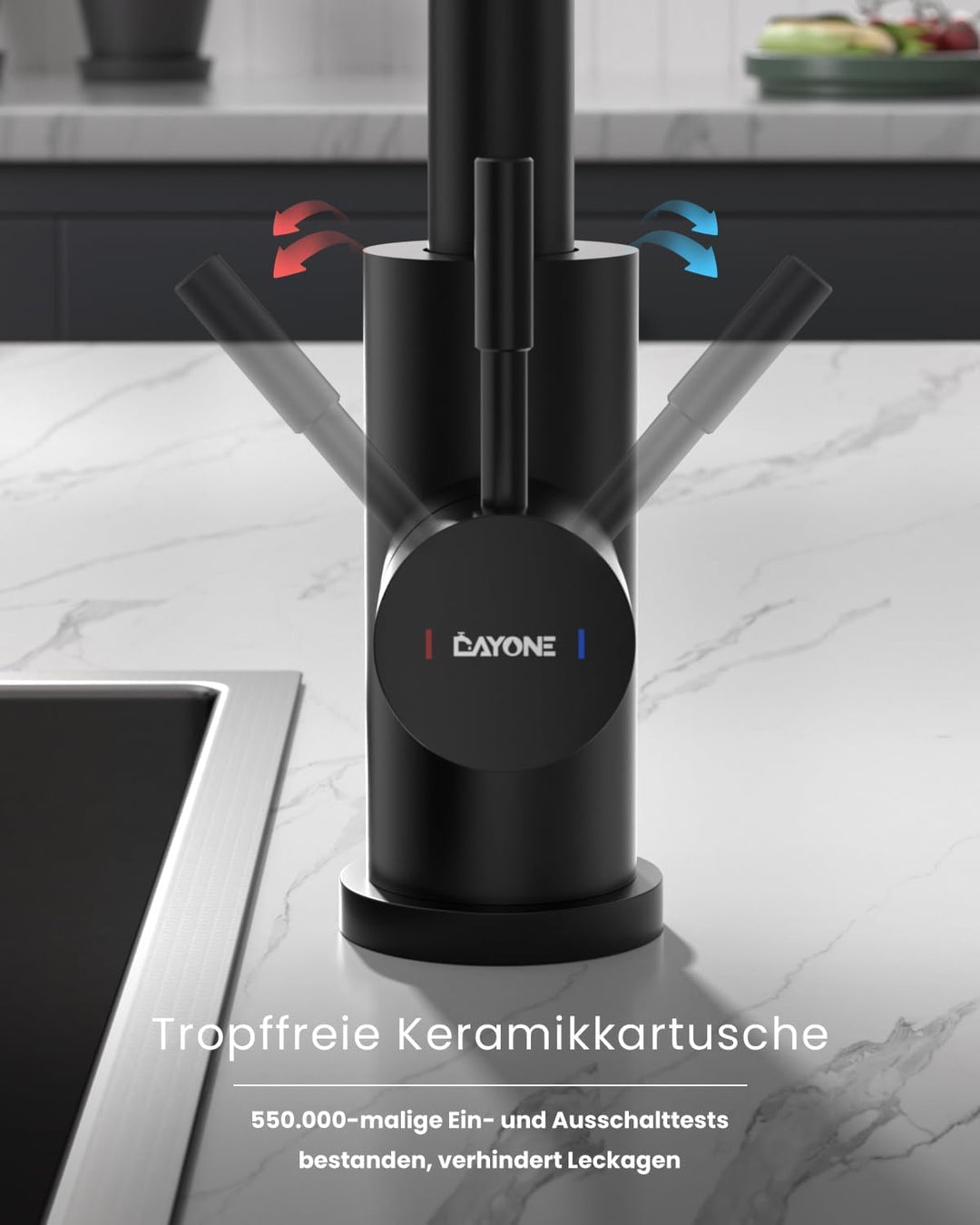 DAYONE Niederdruck Armatur Küche Schwarz, Küchenarmatur Ausziehbar mit 3 Strahlarten, Edelstahl Misc