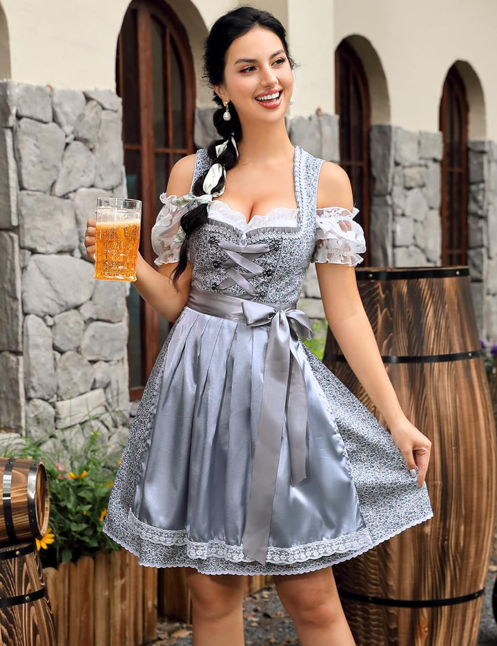 KOJOOIN Damen Dirndl Trachtenkleid Kurz Set 3tlg. für Oktoberfest inkl. Dirndl Kleid,Dirndlschürze,D