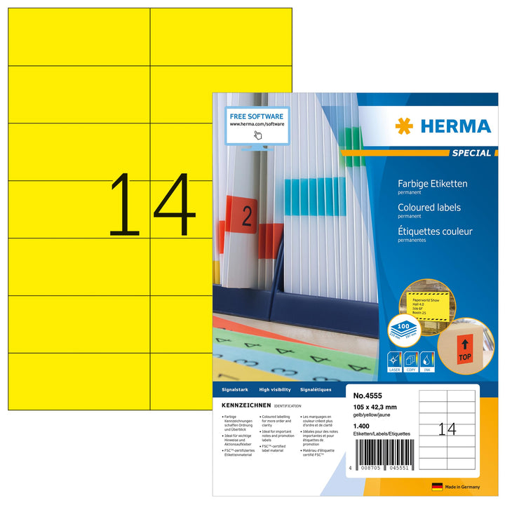HERMA 4555 Farbige Etiketten gelb, 100 Blatt, 105 x 42,3 mm, 14 Stück pro A4 Bogen, 1400 Aufkleber,