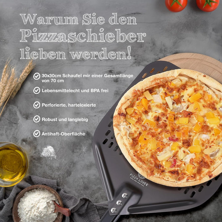 Pizza Lover® hochwertiger Pizzaschieber perforiert 30 x 30 cm Pizzaschaufel aus harteloxiertem Alumi