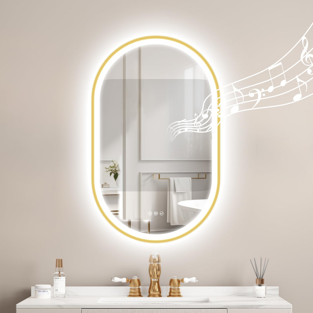 STARLEAD Gold Oval-LED-Badspiegel-mit-Beleuchtung 80x50cm, Bluetooth, Dimmbar, 3 Lichtfarben, Entfog