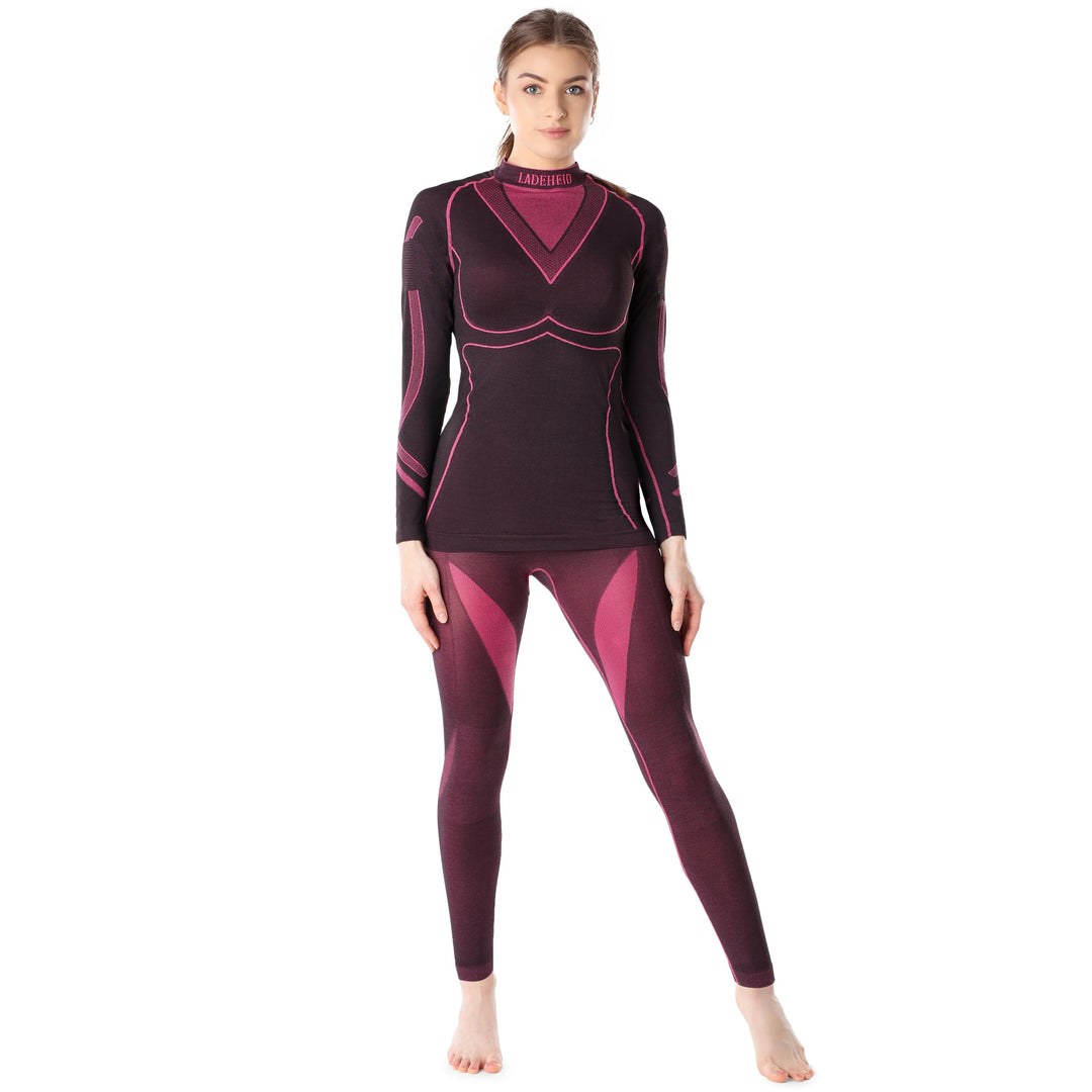 Ladeheid Thermounterwäsche Damen Set Langarm Shirt Lange Unterhose Thermoaktiv LAGI006 L Schwarz/Ros