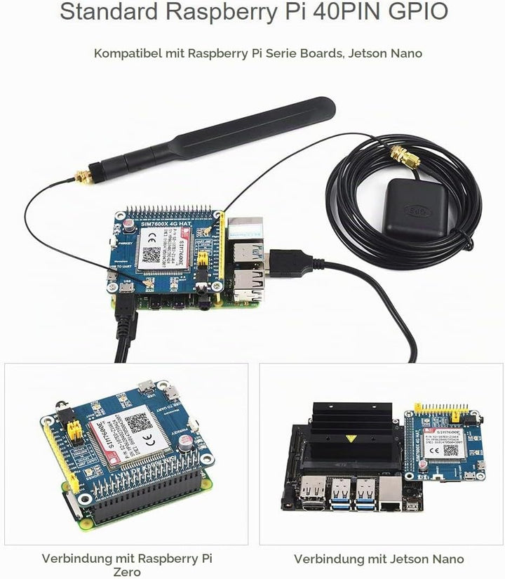 Waveshare 4G/3G/2G/GSM/GPRS/GNSS Hat for Raspberry Pi 4 Jetson Nano Based on SIM7600E-H Supports LTE