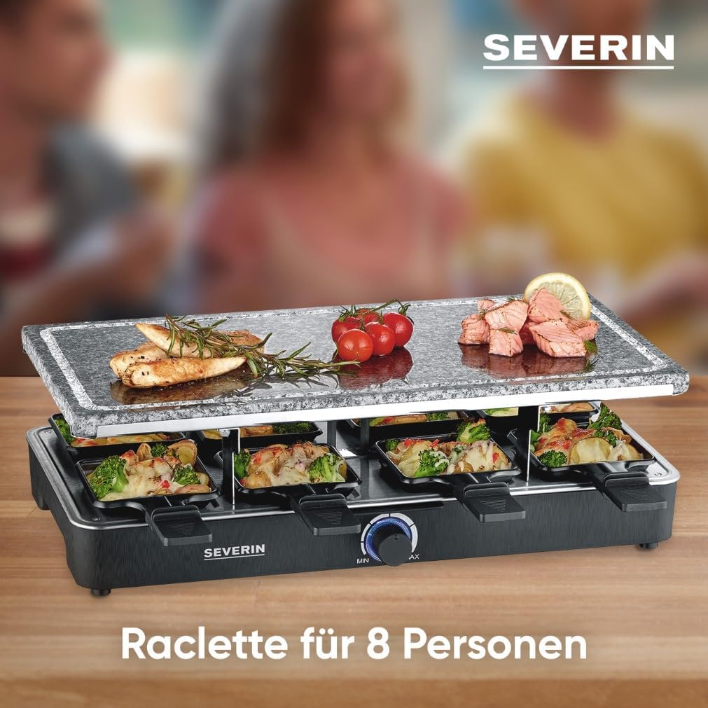 SEVERIN Raclette-Partygrill mit Naturgrillstein, Raclette mit Grillplatte aus Stein und 8 antihaftbe