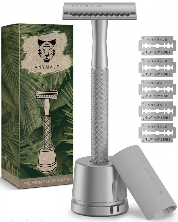 Rasierhobel Silver Edition - Set mit Ständer und 5 ASTRA Klingen - Zero Waste Rasierer aus Metall 4.