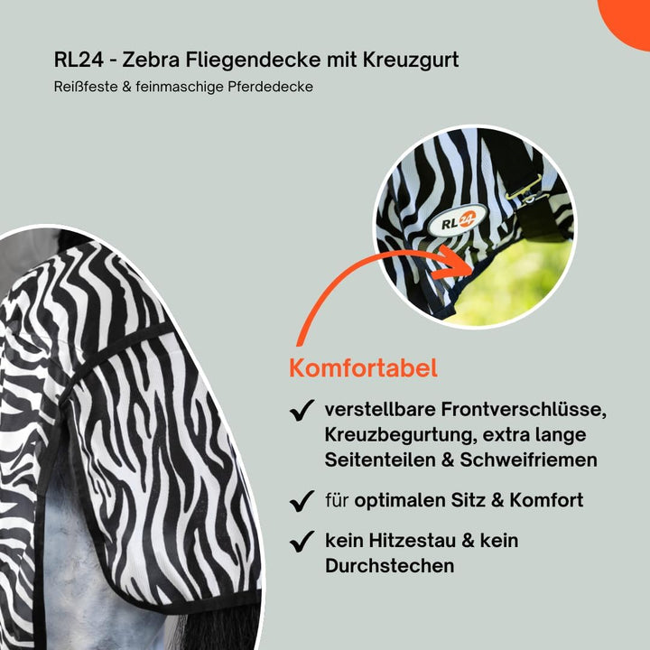 RL24 - Zebra Fliegendecke mit Kreuzgurt – reissfeste & feinmaschige Pferdedecke – Weidedecke zum Sch
