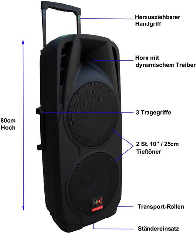 E-Lektron EL225-UHF 600W PA Soundsystem USB/SD Bluetooth Soundanlage mit Akku und Funkmikrofon