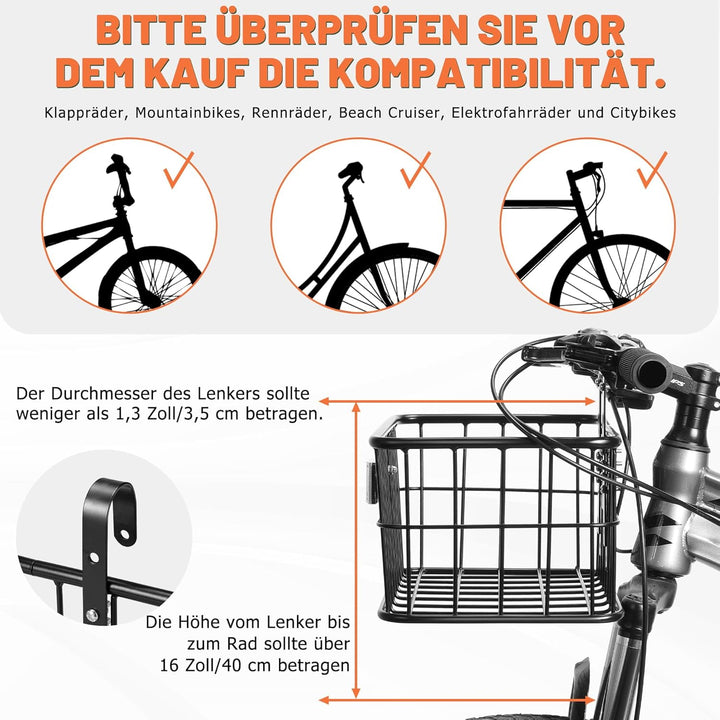 CDYWD Fahrradkorb Vorne für mit Herausnehmbarer Innentasche, Gross Lenkerkorb Fahrrad Herren &amp; Damen