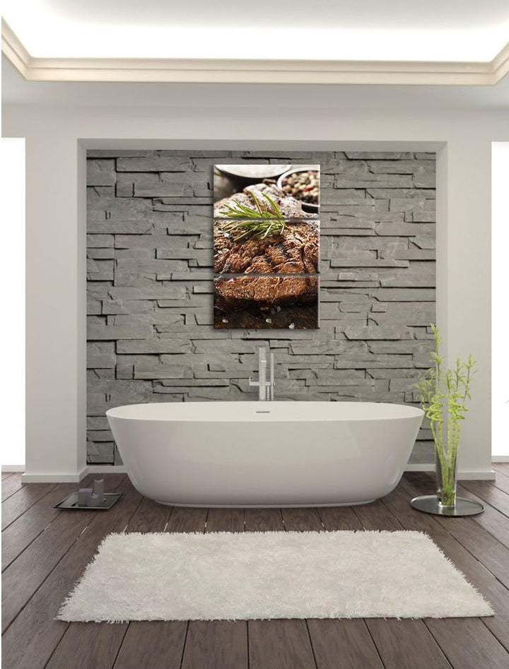 Pixxprint Leckeres Fleisch mit Rosmarin 3-Teiler Leinwandbild 120x80 Bild auf Leinwand
