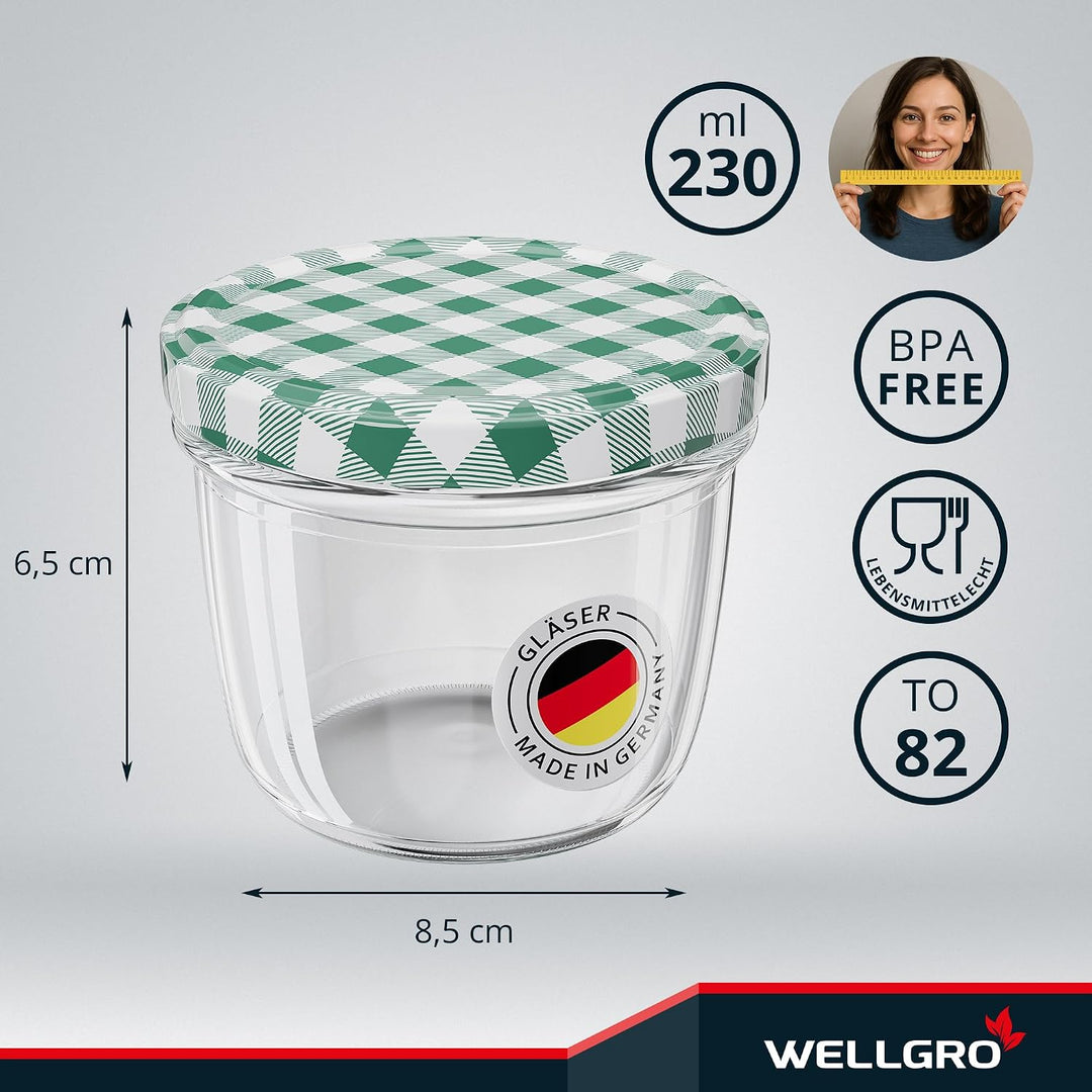 WELLGRO 100x Einmachgläser mit Schraubdeckel - 230 ml, 8,5 x 6,5 cm (ØxH), Glas/Metall, grün kariert