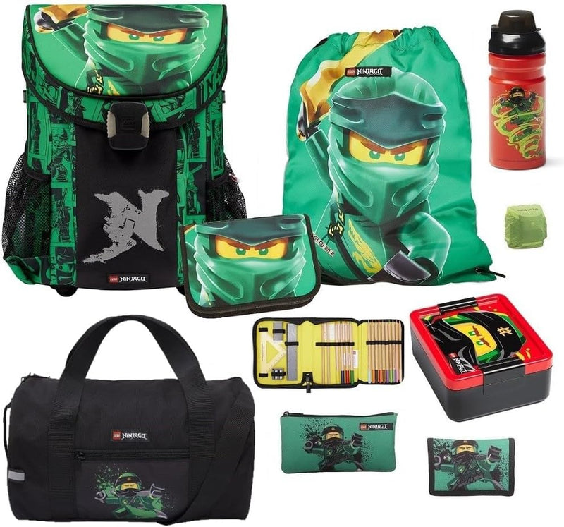 Lego Ninjago Schulranzen-Set Easy Green 8tlg. Set mit Federmappe, Regenschutz und Dose und Flasche,