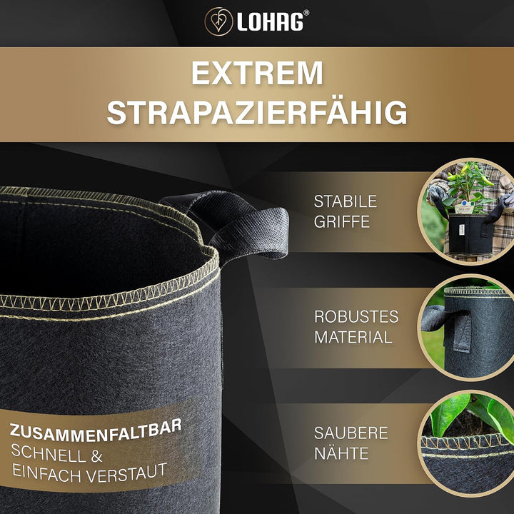 lohag® Premium Vliesstoff-Pflanzsack - 40 Liter, 3er Pack | Für Kräuter, Blumen, Gemüse &amp; Zimmerpfla