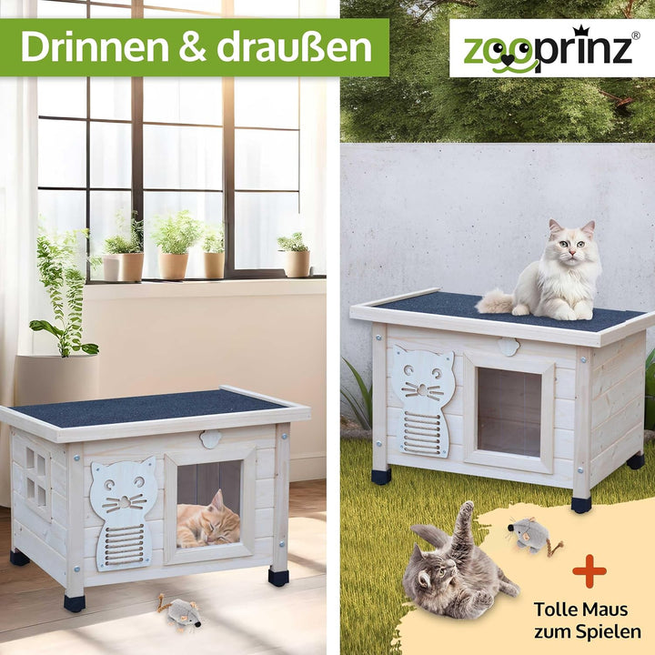 zooprinz Premium Holz Katzenhaus – Katzenkiste mit Dach zum Öffnen, Fenster und Schwingtür – Sisalba