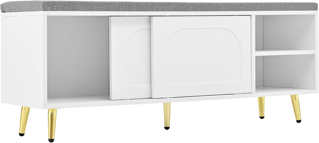 Merax Schuhschrank mit gepolsterter Sitzbank, Schuhbank mit Sitzfläch, mit Stauraum, Schiebetüren un