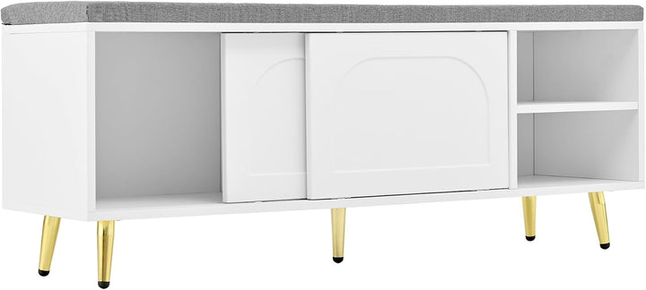 Merax Schuhschrank mit gepolsterter Sitzbank, Schuhbank mit Sitzfläch, mit Stauraum, Schiebetüren un