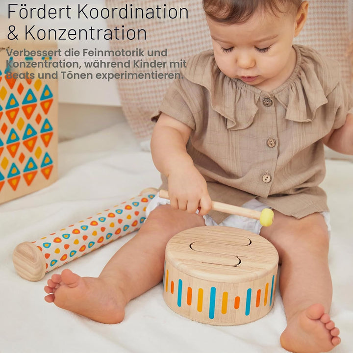 PlanToys Schlagzeug Kinder - Trommel Kinder - Musik Spielzeug ab 1 Jahr - Kindertrommel aus Holz - K