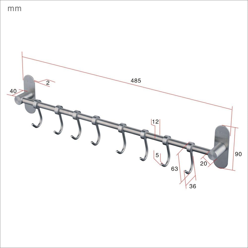 Geschirr hängende Rack mit 8 abnehmbaren Haken keine Bohrung, Edelstahl Küche Schiene Pfanne Hanger
