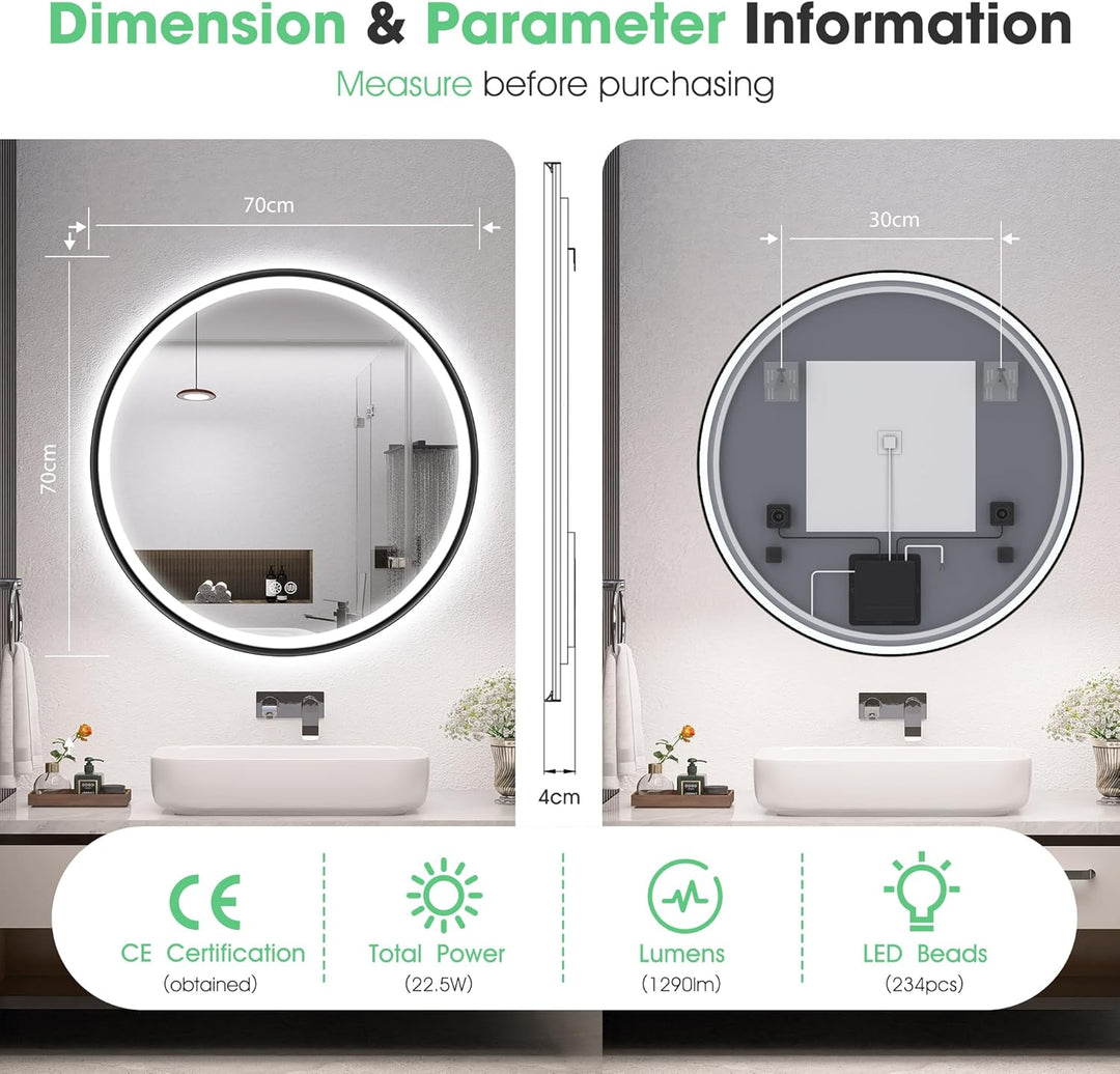 S'bagno Badspiegel mit Beleuchtung 70cm, Spiegel Rund mit Beleuchtung mit Aluminiumrahmen, Entfoggen