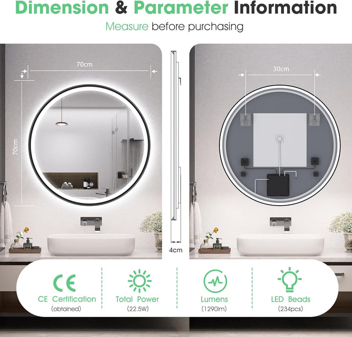 S'bagno Badspiegel mit Beleuchtung 70cm, Spiegel Rund mit Beleuchtung mit Aluminiumrahmen, Entfoggen