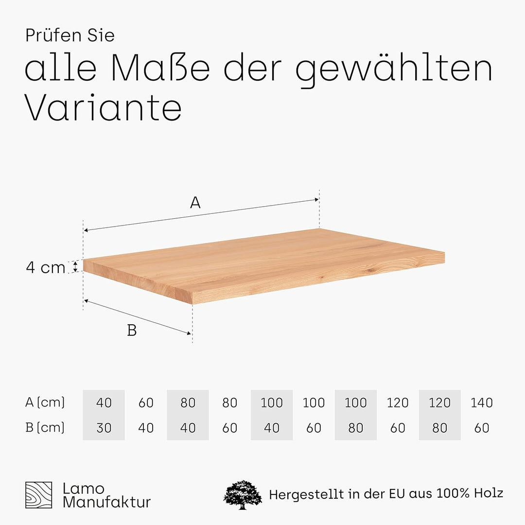 LAMO Manufaktur Massivholzplatte für Couchtisch Arbeitsplatte Küchenarbeitsplatte 80x40 cm, Natur, L