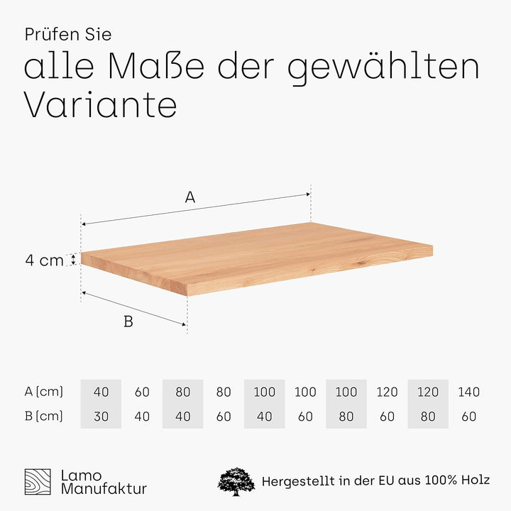 LAMO Manufaktur Massivholzplatte für Couchtisch Arbeitsplatte Küchenarbeitsplatte 80x40 cm, Natur, L