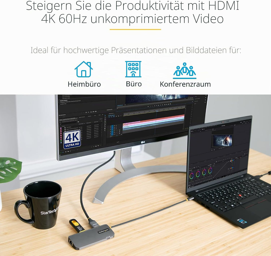 StarTech.com USB C Multiport Adapter, USB C auf HDMI Adapter 4K 60Hz, 5Gbit/s USB-A 3.0 Hub, 100W Po