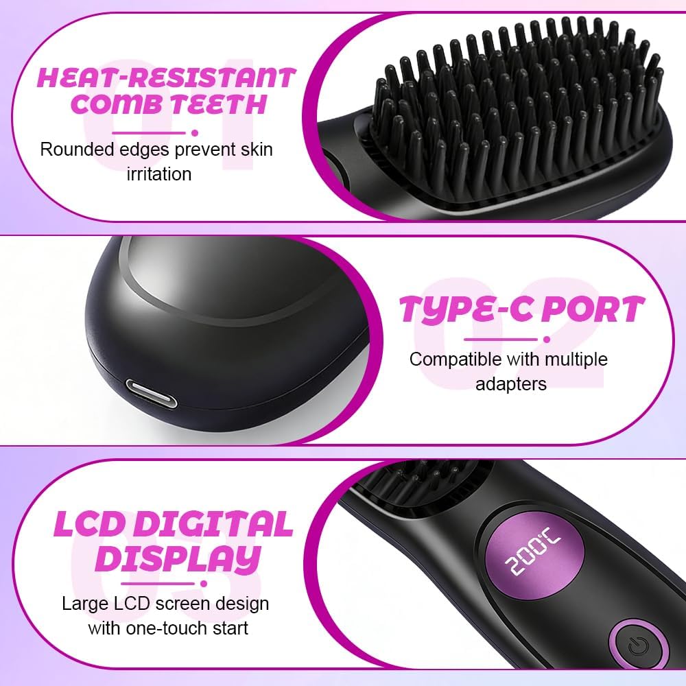 Stylingbürste für Kurze Haare Kabellos, HOVCEH Go Brush Pro Glättbürste with 3 Adjustable Heat Modes