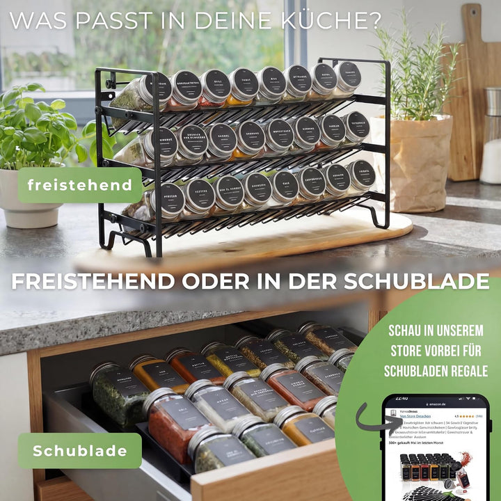 Havenhaus Gewürzregal Set | Gewürzregal stehend inkl. 24 Gewürzgläser + 336 Gewürzetiketten deutsch
