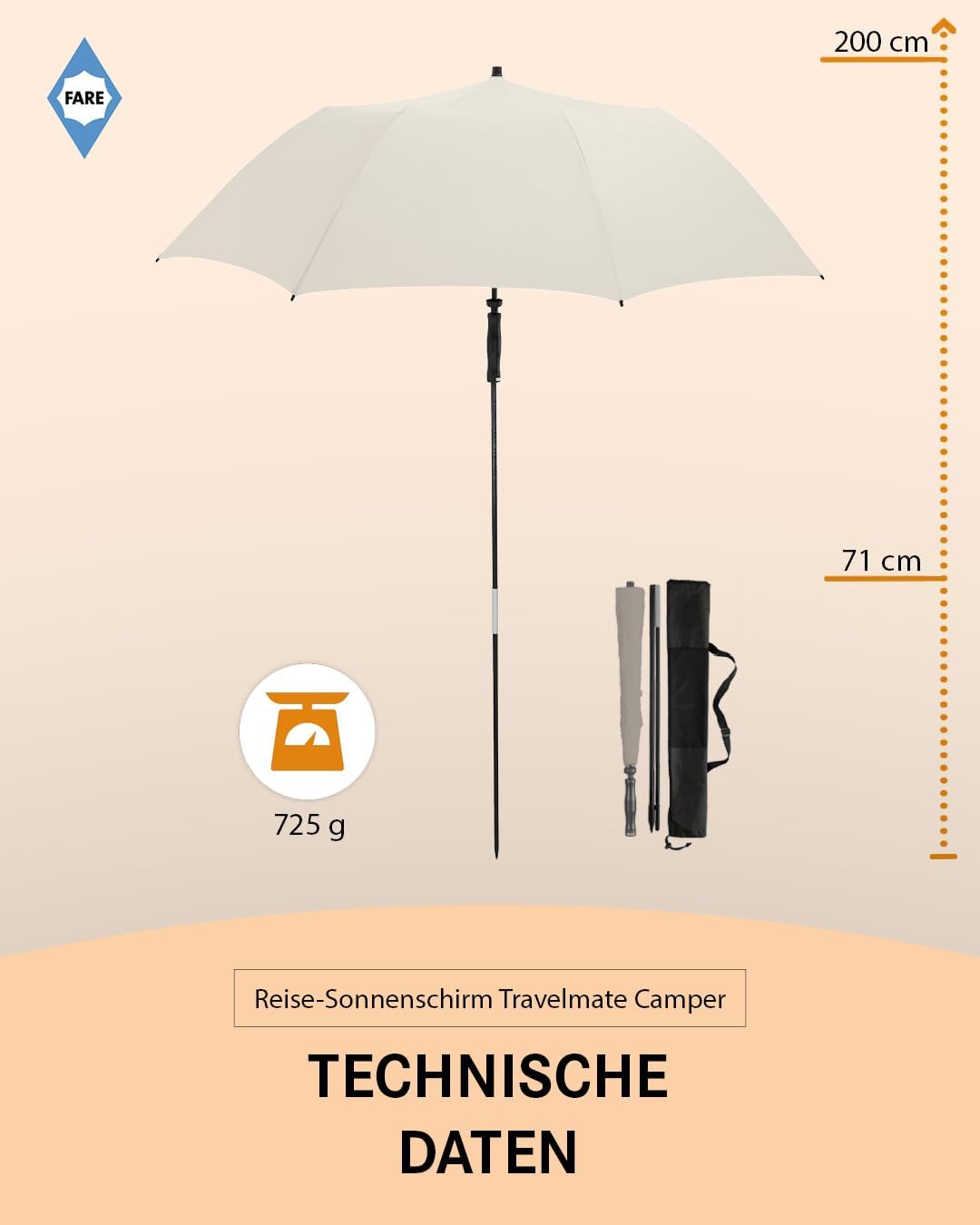 FARE Reise-Sonnenschirm Travelmate Camper UV Schutz 50+ für Koffer Flugzeug Camping Balkon Strand Ga