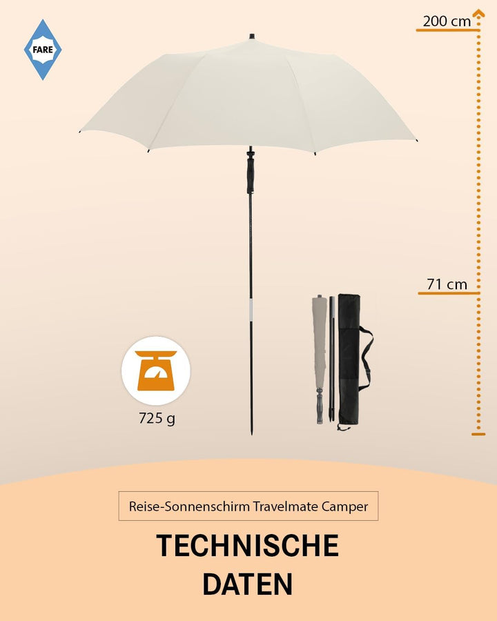 FARE Reise-Sonnenschirm Travelmate Camper UV Schutz 50+ für Koffer Flugzeug Camping Balkon Strand Ga