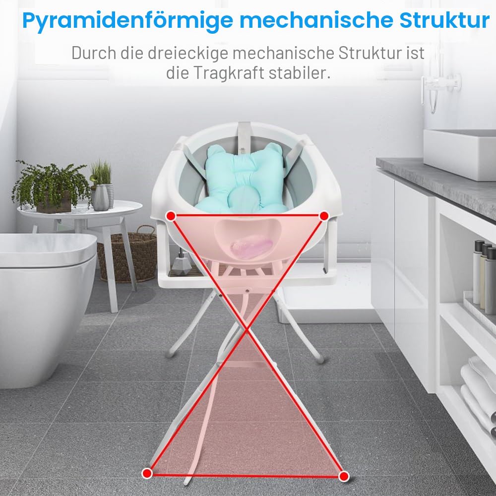 Faltbare Babybadewanne mit Stahlhalterung, ergonomisches Badewannenkissen und Ablaufschlauch – faltb