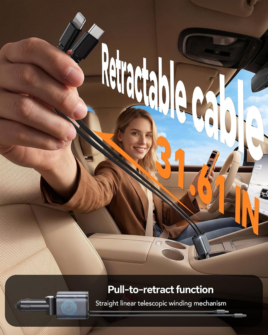 Aimtel Einziehbares Auto Ladegerät Zigarettenanzünder USB C KFZ Ladegerät Handy Ladegerät Auto Kompa