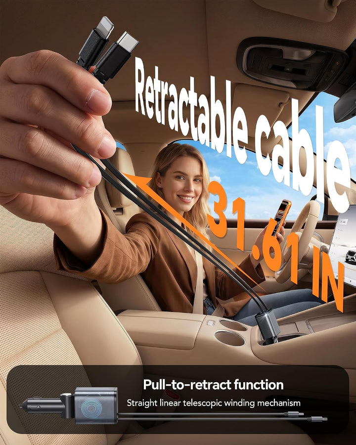 Aimtel Einziehbares Auto Ladegerät Zigarettenanzünder USB C KFZ Ladegerät Handy Ladegerät Auto Kompa