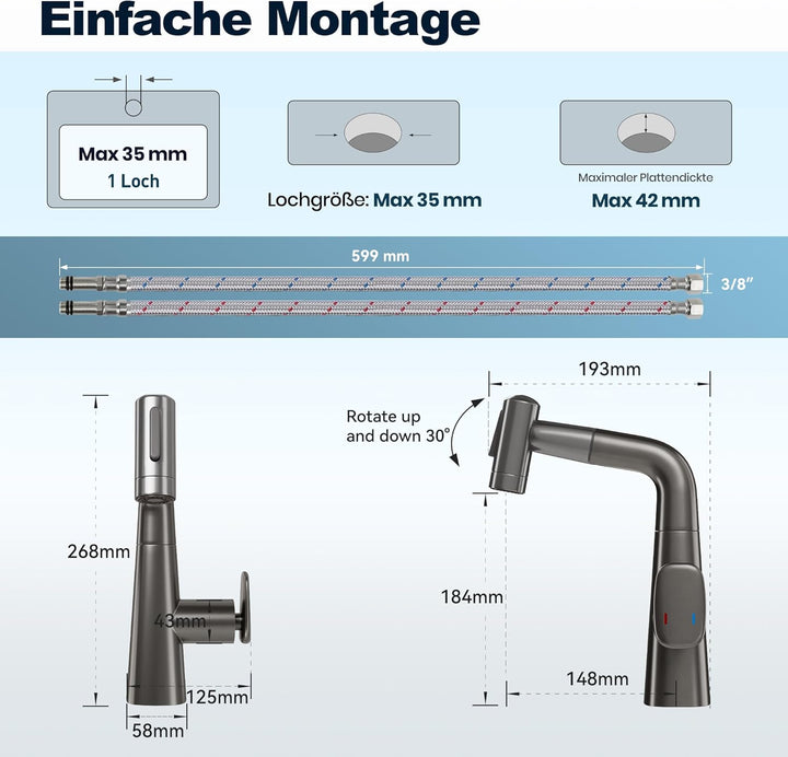 Waschtischarmatur mit Herausziehbarer Brause Wasserhahn Bad mit 3 Strahlarten, 360° Schwenkbar & Höh