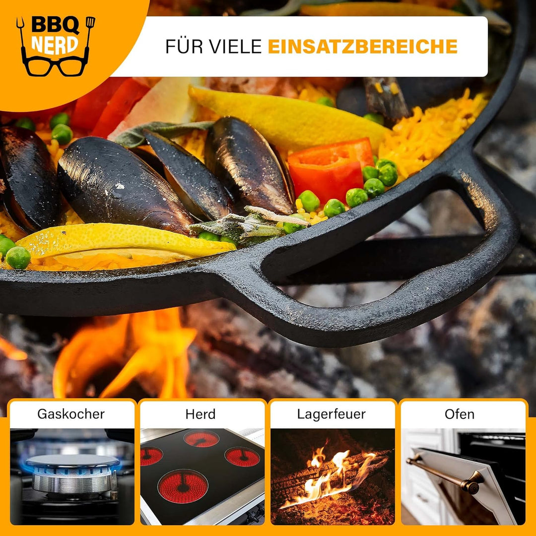 BBQ Nerd© Paellapfanne aus Gusseisen Ø 36 cm (6 Personen) | Antihaftpfanne mit Flachboden für tradit