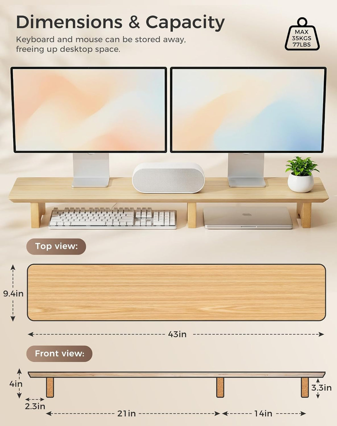 Aothia Grosser Monitor-Ständer für Computerbildschirme,Holz-Riser mit nachhaltigen Korkblockbeinen f