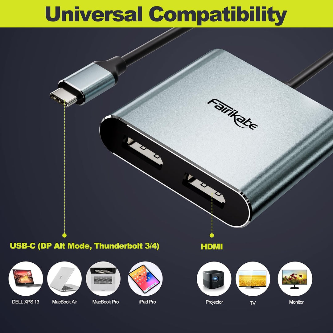 fairikabe USB C auf Dual DisplayPort MST Hub Splitter, USB Typ C auf Dual 4K@60Hz 2X DisplayPort 1.2