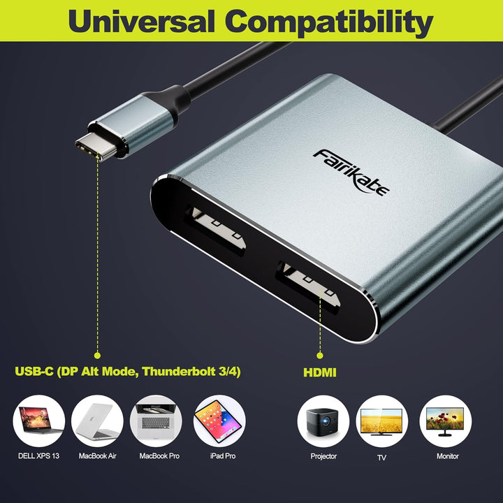 fairikabe USB C auf Dual DisplayPort MST Hub Splitter, USB Typ C auf Dual 4K@60Hz 2X DisplayPort 1.2