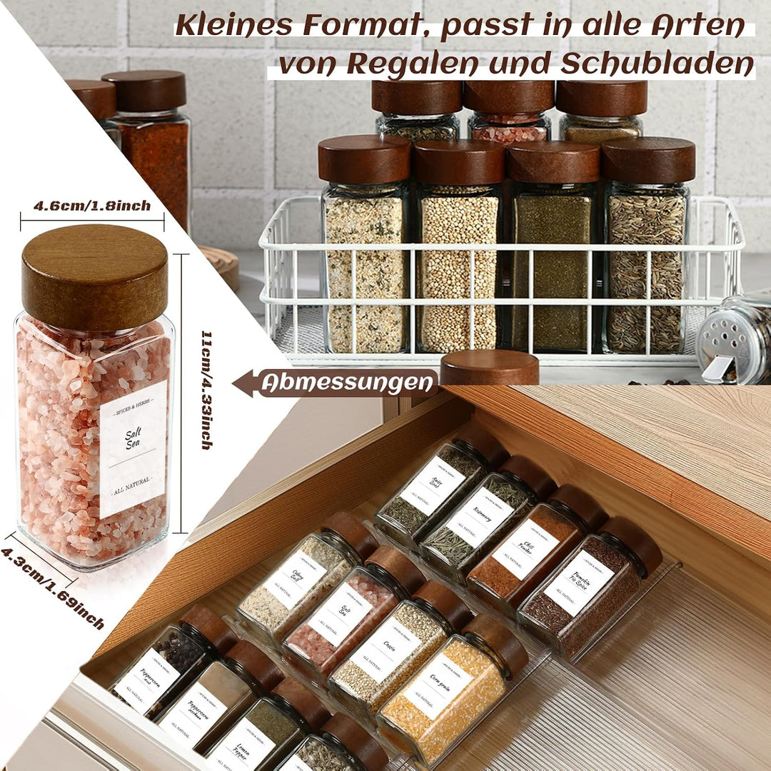 Gewürzgläser aus Glas und Holz, eckig, 24 × 120 ml Gewürzgläser-Set mit Akazienholzdeckel Aufbewahru