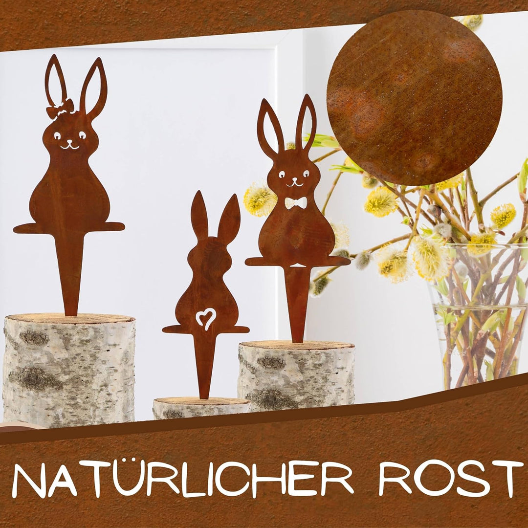 Rostikal Gartenstecker Hase 3er Set – Wetterfeste Cortenstahl Deko für Garten, Balkon oder Wohnzimme