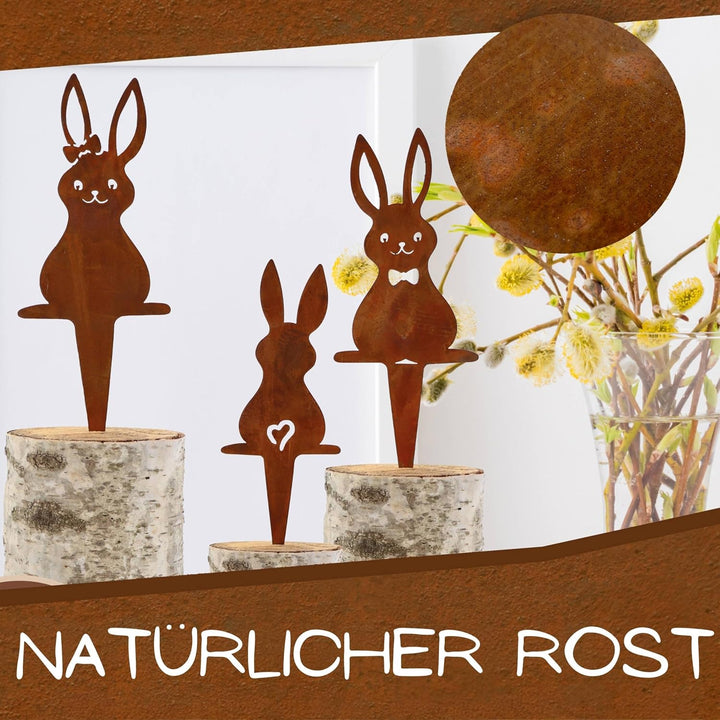 Rostikal Gartenstecker Hase 3er Set – Wetterfeste Cortenstahl Deko für Garten, Balkon oder Wohnzimme