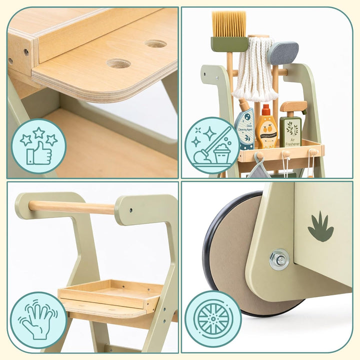 Mamabrum Holz Reinigungswagen für Kinder mit Rollenzubehör Set 11 tlg. Push-Bildspielzeug Rollenspie