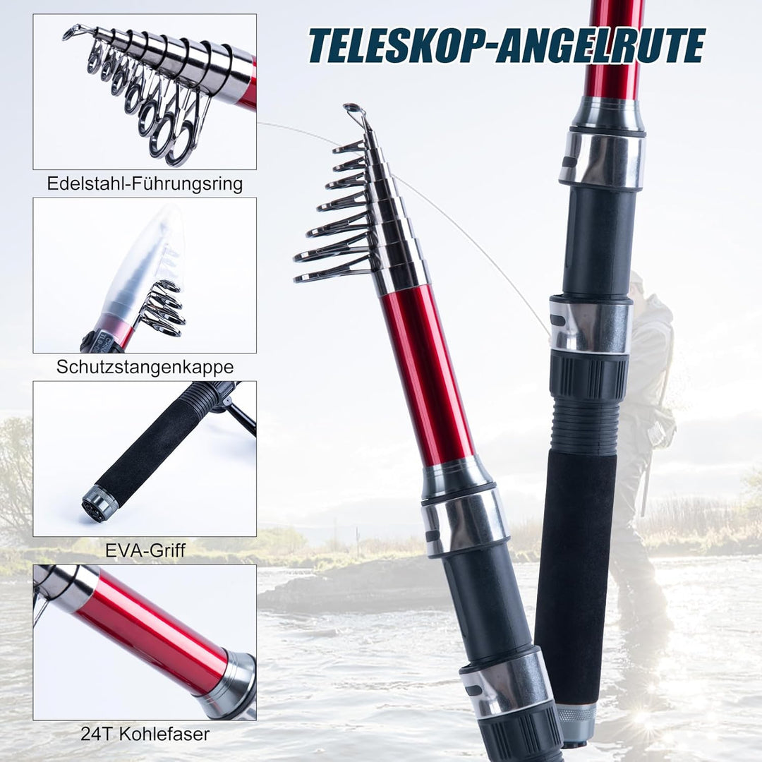 Goture Angelset mit 2 Teleskop-Angelruten,1,8m/2,1m/2,4m/2,7m I Angelrute Set Komplett 2 5.2:1 Spinn
