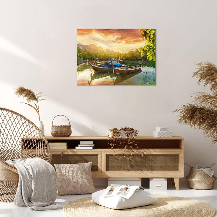 Bilder auf Leinwand Berge Boot Wasser Leinwandbild mit Rahmen 70x50cm Wandbilder Dekoration Wohnzimm